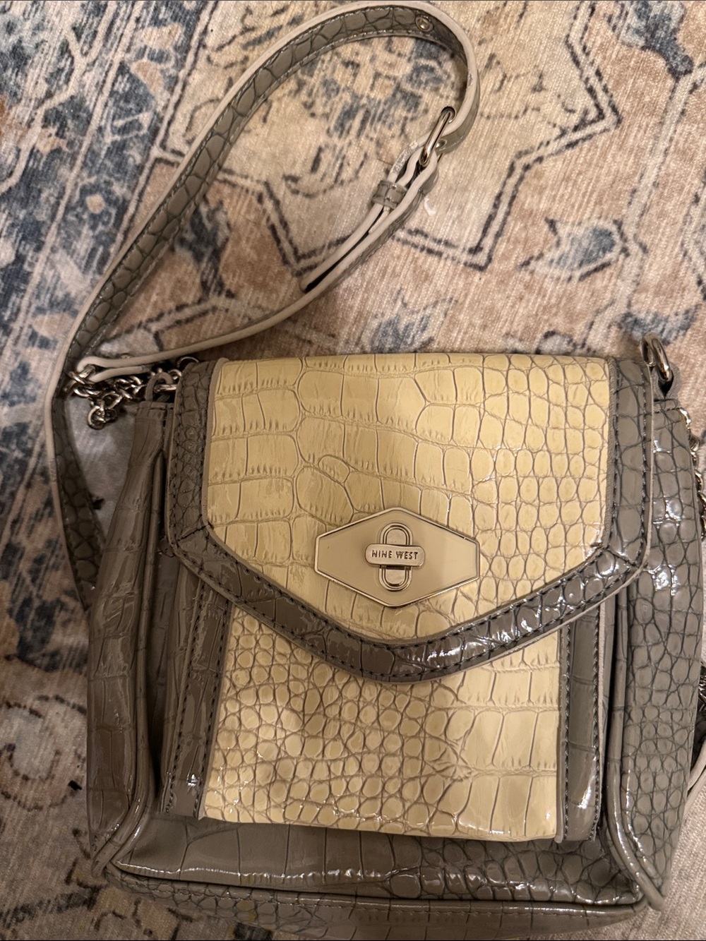 Nine West Cream and Gray Croc-Embossed Crossbody Bag